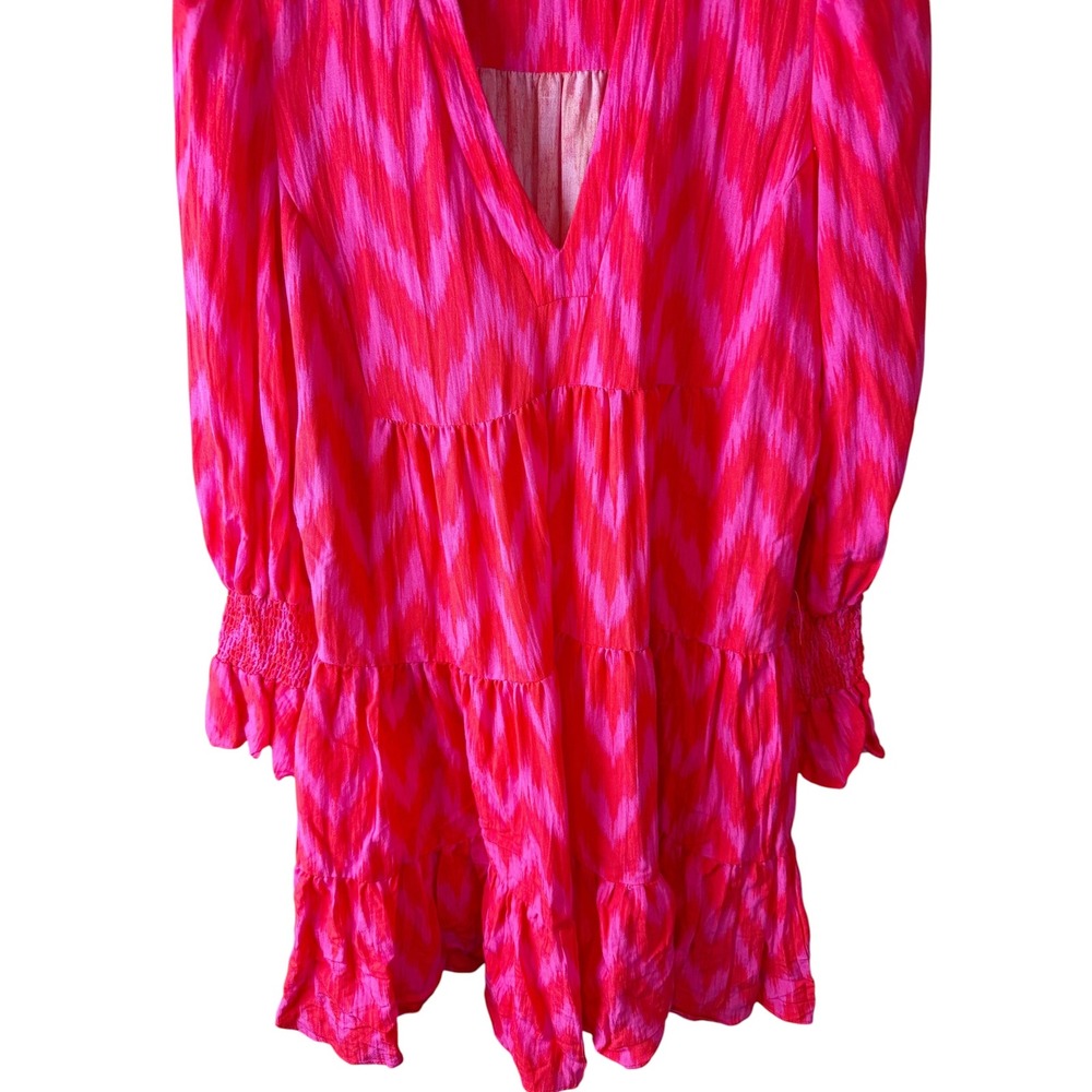 Pomander Place Pink Red Ikat Kenzo Tiered Mini Dress Smocked Cuff Womens M - Picture 4 of 7
